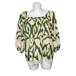 Rachel Zoe‎ Womens Top Sz 1X Beige Green Linen Blend Balloon Sleeve Crochet Trim